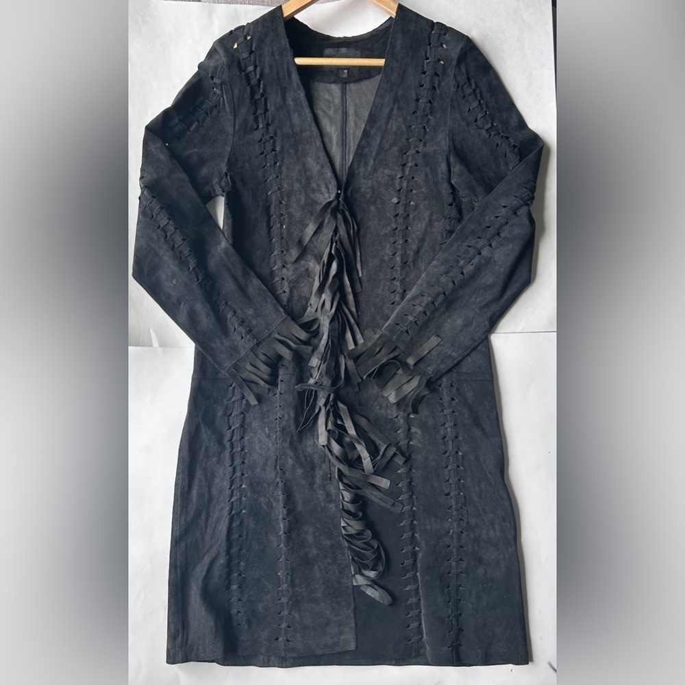 Black Old West Suede Jacket cutout fringe long leather size small - Picture 2 of 6